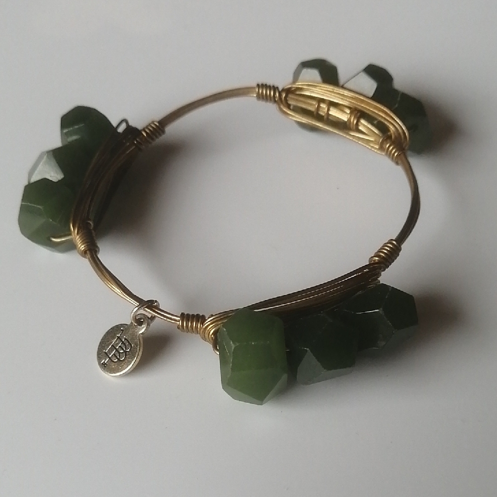 🔥3/$25🔥Bourbon&Boweties Bracelet Green Agate Stones Copper Bangle Scandi Girl